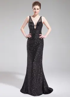 Sheath V-neck Sweep Train Tulle Sequined Evening Dress (017019565)