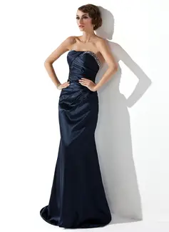 Sheath Strapless Sweep Train Charmeuse Evening Dress With Ruffle Beading (017002275)