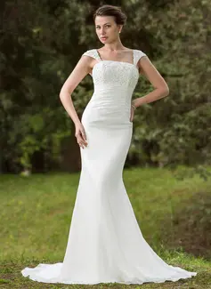 Mermaid Square Neckline Court Train Chiffon Wedding Dress With Ruffle Lace Beadwork Sequins (002001702)