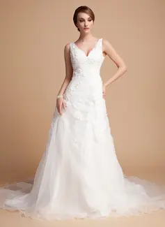 A-Line/Princess V-neck Chapel Train Organza Satin Wedding Dress With Ruffle Lace Beadwork (002000378)