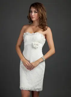 Sheath Strapless Knee-Length Satin Lace Cocktail Dress With Beading Flower(s) (016015339)