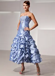 A-Line/Princess Strapless Tea-Length Taffeta Prom Dress With Ruffle Beading Sequins (018014425)