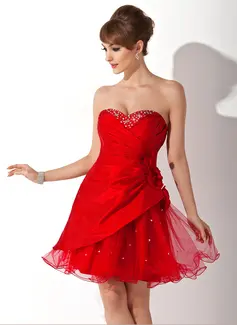 A-Line/Princess Sweetheart Short/Mini Taffeta Tulle Homecoming Dress With Ruffle Beading Flower(s) (022020839)