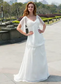 Empire V-neck Sweep Train Chiffon Wedding Dress With Ruffle Flower(s) (002024596)