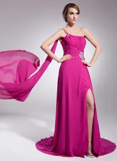 A-Line/Princess One-Shoulder Watteau Train Chiffon Evening Dress With Ruffle Beading (017014572)