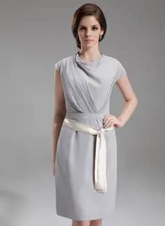 Sheath Cowl Neck Knee-Length Chiffon Kate Middleton Style With Ruffle Sash (044007573)