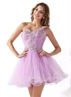 A-Line/Princess One-Shoulder Short/Mini Tulle Homecoming Dress With Ruffle Lace Sequins (022020900)