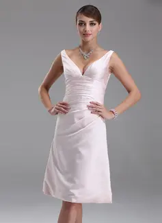 Empire V-neck Knee-Length Satin Bridesmaid Dress With Ruffle (007001054)
