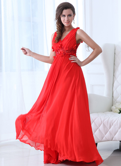 A-Line/Princess V-neck Floor-Length Chiffon Holiday Dress With Ruffle Beading Flower(s) (020017333)