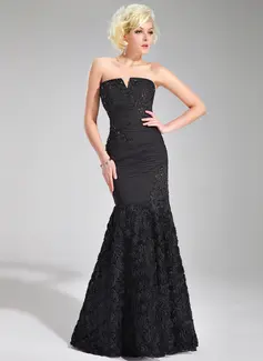 Mermaid V-neck Floor-Length Chiffon Evening Dress With Ruffle Lace Beading Flower(s) (017019679)