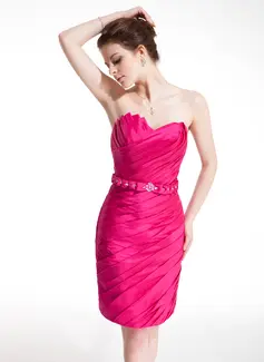 Sheath Scalloped Neck Short/Mini Taffeta Cocktail Dress With Ruffle Beading (016008386)