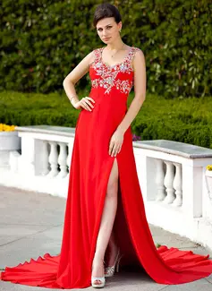 Empire Sweetheart Court Train Chiffon Evening Dress With Beading Appliques (008024579)