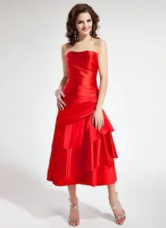 A-Line/Princess Sweetheart Tea-Length Charmeuse Homecoming Dress With Ruffle (022011244)