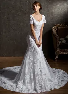 Mermaid Sweetheart Chapel Train Satin Tulle Wedding Dress With Lace Beadwork (002011596)