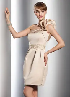 Sheath/Column One-Shoulder Short/Mini Satin Wedding Dress With Beadwork (002011542)