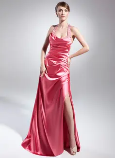A-Line/Princess Halter Floor-Length Charmeuse Evening Dress With Ruffle Beading Sequins (017014975)