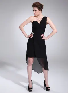 Sheath One-Shoulder Asymmetrical Chiffon Cocktail Dress With Ruffle Crystal Brooch (016021267)