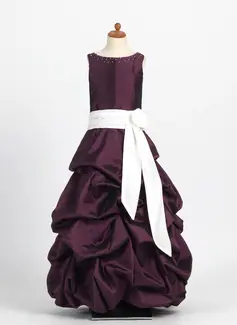 A-Line/Princess Scoop Neck Floor-Length Taffeta Junior Bridesmaid Dress With Ruffle Sash Flower(s) (009022456)