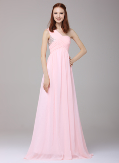 A-Line/Princess One-Shoulder Floor-Length Chiffon Holiday Dress With Ruffle Beading Sequins (020016151)