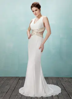 Mermaid V-neck Sweep Train Chiffon Prom Dress With Beading (018021086)