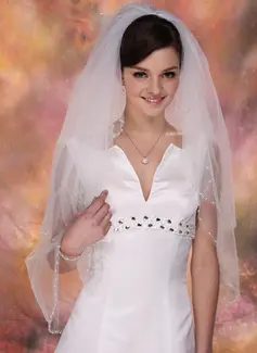 Fingertip Veils Tulle Two-tier Pearl Trim Edge Wedding Veils With Angel Cut/Waterfall (006020349)