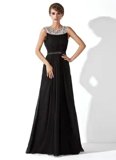 A-Line/Princess Scoop Neck Floor-Length Chiffon Tulle Evening Dress With Ruffle Beading (017020923)