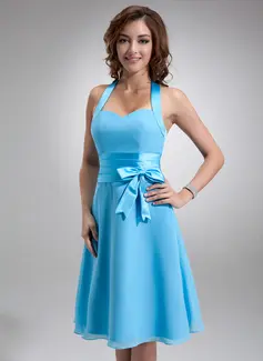 A-Line/Princess Halter Knee-Length Chiffon Satin Bridesmaid Dress With Ruffle (007000937)