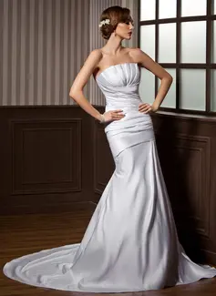Mermaid Scalloped Neck Court Train Satin Wedding Dress With Ruffle (002000607)