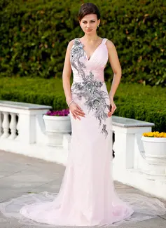 Sheath V-neck Court Train Satin Tulle Lace Evening Dress With Ruffle Beading Appliques (017017399)