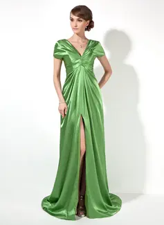 Empire V-neck Court Train Charmeuse Evening Dress With Ruffle (017022522)