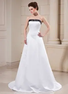 A-Line/Princess Strapless Sweep Train Satin Wedding Dress With Sashes Beadwork (002000068)