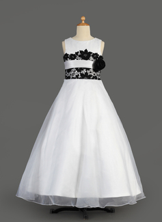 A-Line/Princess Scoop Neck Floor-Length Organza Charmeuse Flower Girl Dress With Lace Sash (010014611)