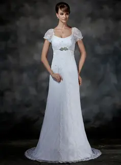 Empire Scoop Neck Sweep Train Satin Lace Wedding Dress With Beadwork (002000214)