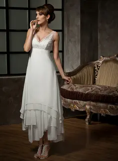 A-Line/Princess V-neck Ankle-Length Chiffon Tulle Wedding Dress With Lace (002012655)