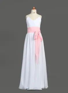 A-Line/Princess V-neck Floor-Length Chiffon Junior Bridesmaid Dress With Ruffle Sash (009001766)
