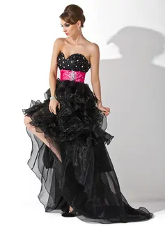 A-Line/Princess Sweetheart Asymmetrical Organza Satin Prom Dress With Ruffle Sash Beading (018021095)