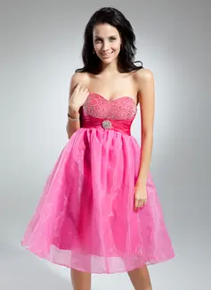Empire Sweetheart Knee-Length Organza Charmeuse Cocktail Dress With Ruffle Beading Crystal Brooch (016014923)