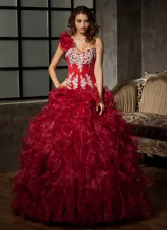 Ball-Gown One-Shoulder Floor-Length Organza Satin Quinceanera Dress With Embroidered Ruffle Beading Sequins (021020578)