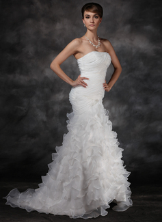 Mermaid Strapless Court Train Organza Satin Wedding Dress With Ruffle (002017165)