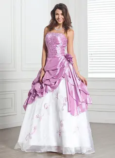 Ball-Gown Strapless Floor-Length Taffeta Organza Quinceanera Dress With Embroidered Beading Flower(s) (021020890)