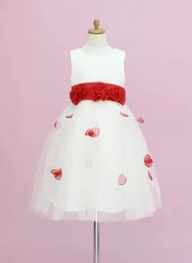A-Line/Princess Scoop Neck Ankle-Length Organza Satin Tulle Flower Girl Dress With Sash Flower(s) (010005345)