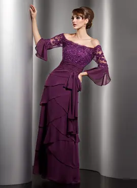 A-Line/Princess Off-the-Shoulder Floor-Length Chiffon Tulle Charmeuse Mother of the Bride Dress With Lace Beading Sequins (008005753)