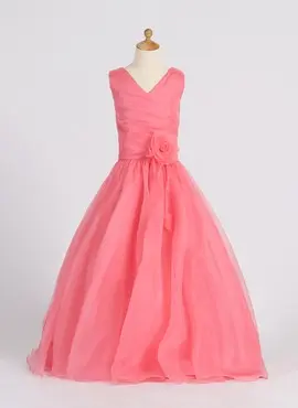 A-Line/Princess V-neck Floor-Length Organza Flower Girl Dress With Ruffle Flower(s) (010007398)
