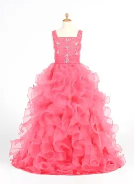 A-Line/Princess Scoop Neck Sweep Train Organza Satin Flower Girl Dress With Ruffle Beading (010005873)