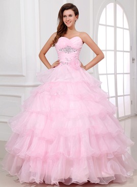 Ball-Gown Sweetheart Floor-Length Organza Quinceanera Dress With Ruffle Beading Flower(s) (021017335)