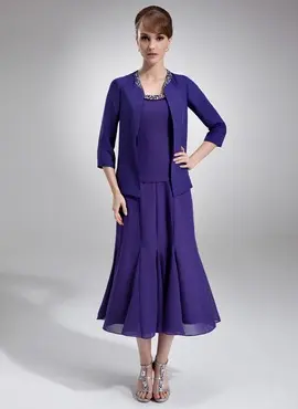 A-Line/Princess Scoop Neck Tea-Length Chiffon Charmeuse Mother of the Bride Dress With Ruffle Beading Sequins (008005996)