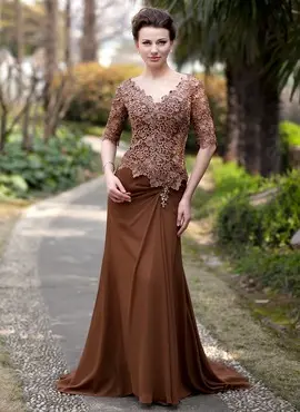 A-Line/Princess V-neck Sweep Train Chiffon Lace Mother of the Bride Dress With Ruffle Beading (008018727)