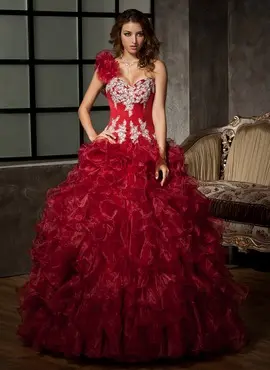 Ball-Gown One-Shoulder Floor-Length Organza Satin Quinceanera Dress With Embroidered Ruffle Beading Sequins (021020578)