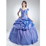 Ball-Gown Off-the-Shoulder Floor-Length Taffeta Quinceanera Dress With Ruffle Beading (021016022)