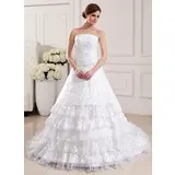Ball-Gown Strapless Chapel Train Organza Wedding Dress With Ruffle Lace Beadwork (002012590)